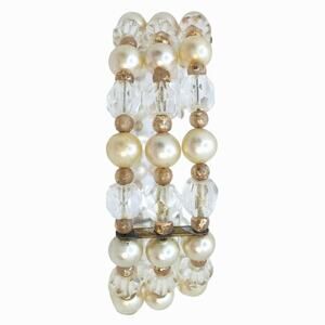 Vintage Triple Strand Cuff Bracelet Faux Pearl Beaded Clear AB Crystal Flex Wire